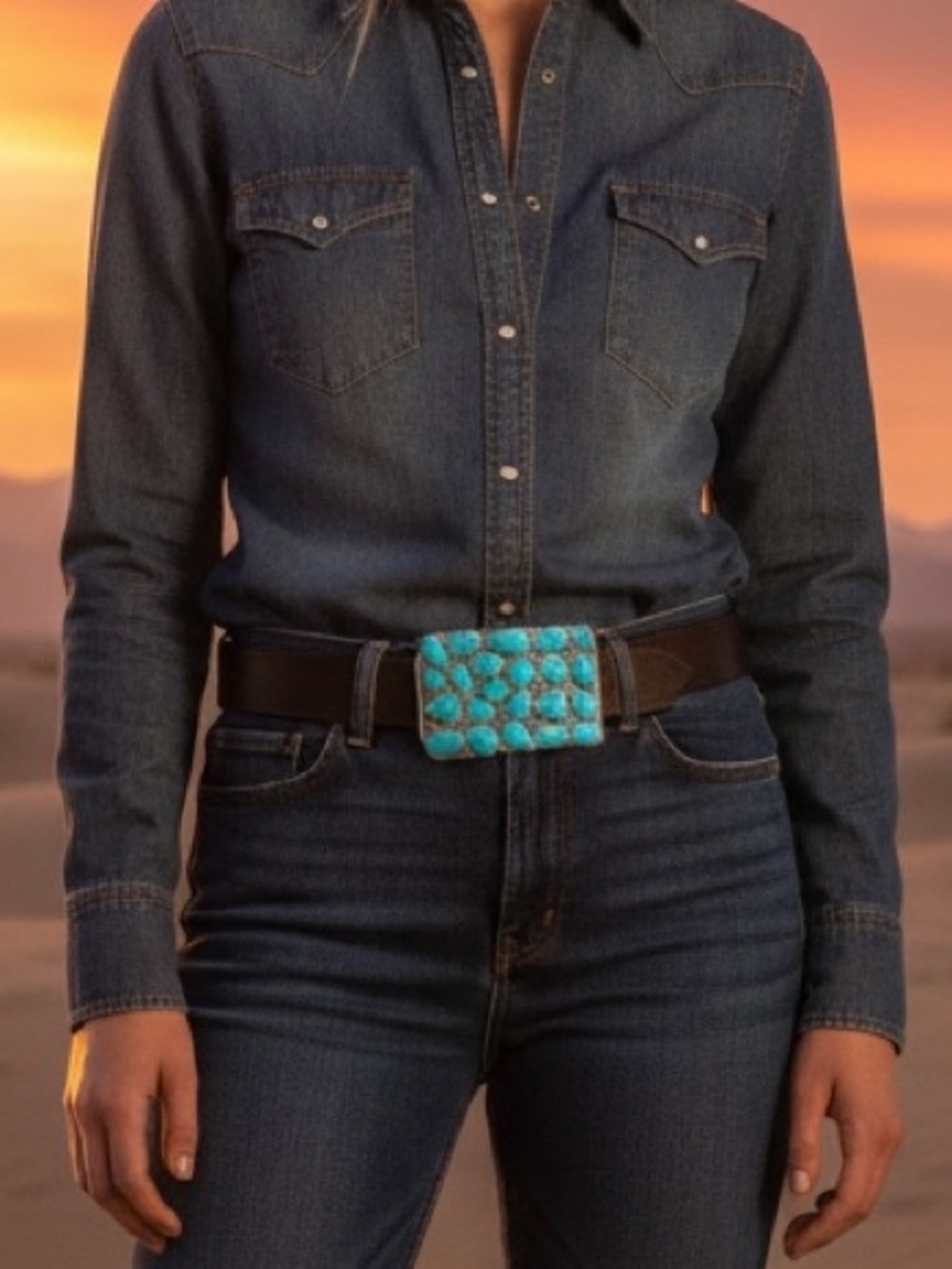 Vintage-Style Turquoise & Sterling Silver Mosaic Belt Buckle